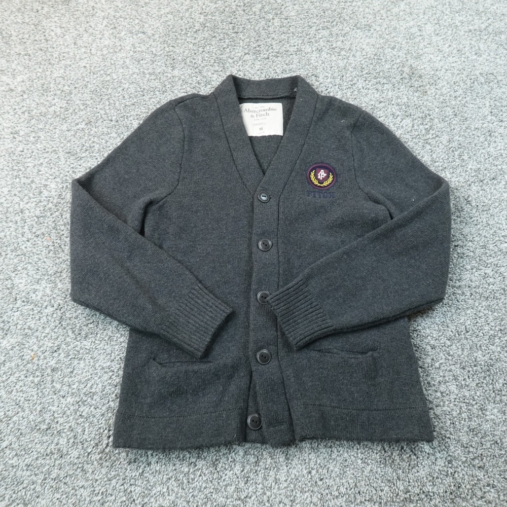 VTG Abercrombie Fitch Cardigan Mens M Gray V Neck Button Sweater Knit Crest Y2K